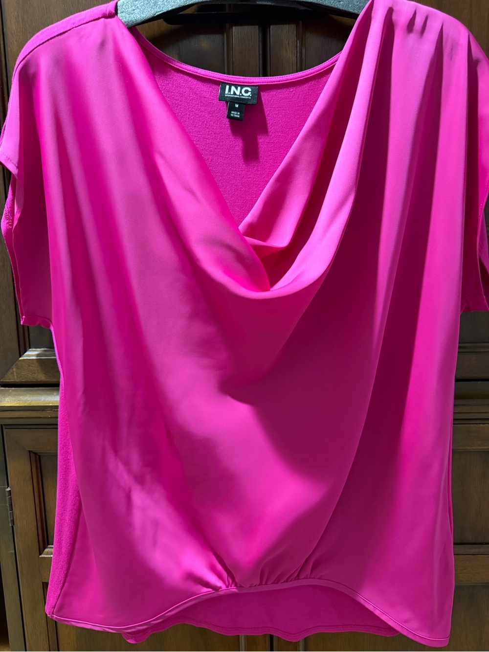 INC International Concepts Draped Short Sleeve Blouse in Bright Pink